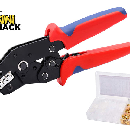 Crimping tool with red and blue handles and a small box of connectors on a white background, branded 'Kiwi Shack'.