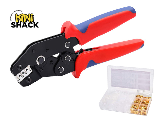 Crimping tool with red and blue handles and a small box of connectors on a white background, branded 'Kiwi Shack'.