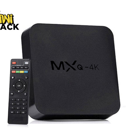 Black MXQ-4K smart TV box with a matching remote control, shown on a white background with a Kiwi Shack logo in the top-left corner.