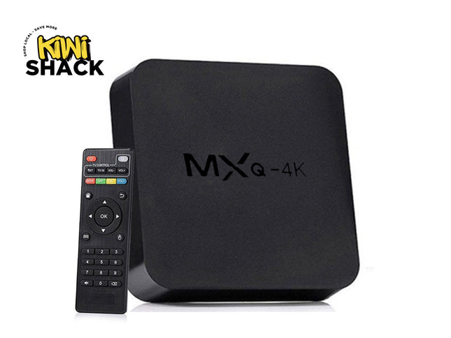 Black MXQ-4K smart TV box with a matching remote control, shown on a white background with a Kiwi Shack logo in the top-left corner.