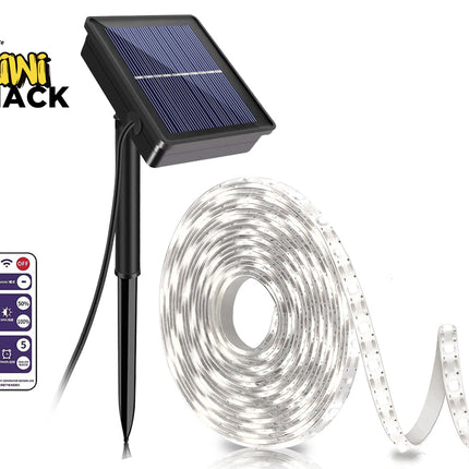 Solar-powered LED light strip with remote control and Kiwi Shack logo on a white background