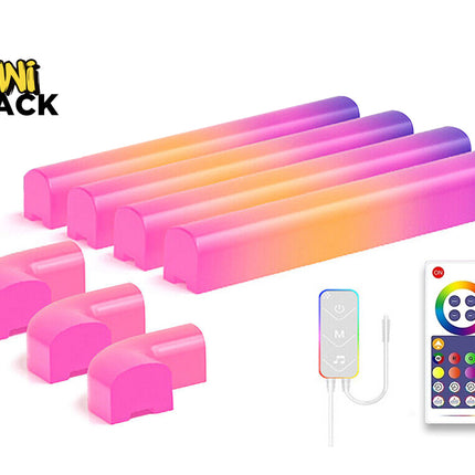A set of six Mini Shack RGB LED light bars with a pink-to-purple gradient, shown with four pink end caps, a wireless remote control, and a small controller on a white background.