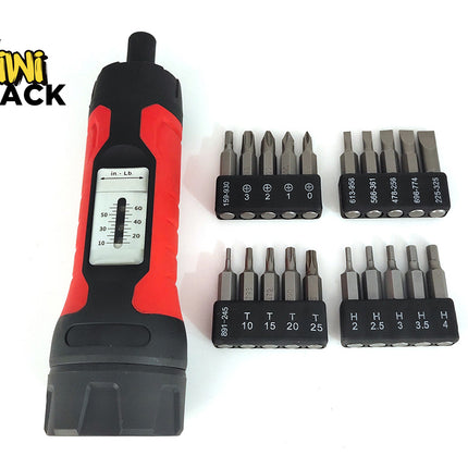A Kiwi Shack electric screwdriver with a red and black handle, shown next to six different bit sets on a white background. The Kiwi Shack logo is visible in the top-left corner.