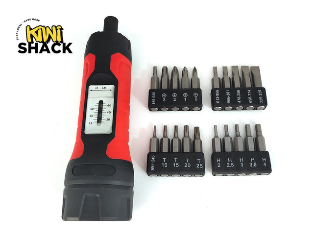A Kiwi Shack electric screwdriver with a red and black handle, shown next to six different bit sets on a white background. The Kiwi Shack logo is visible in the top-left corner.