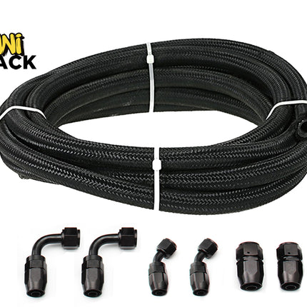 Black braided hose and fittings with Kiwi Shack logo on a white background