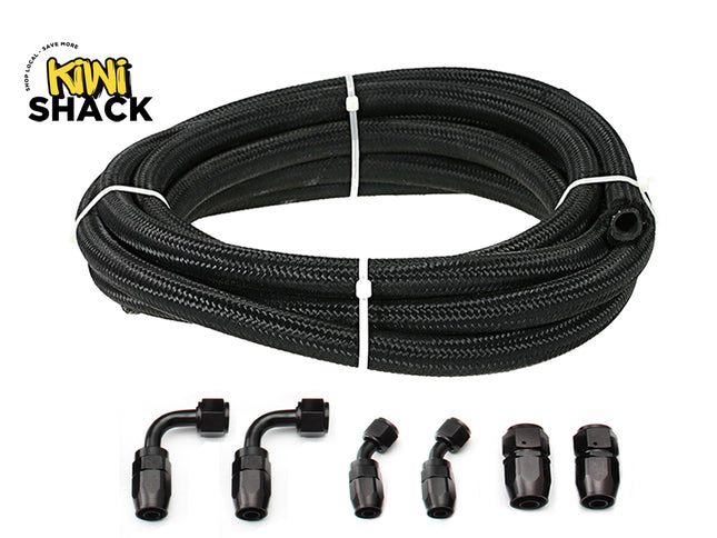 Black braided hose and fittings with Kiwi Shack logo on a white background