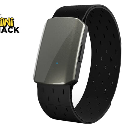 Black smartwatch with metallic band on a white background, featuring the Kiwi Shack logo.