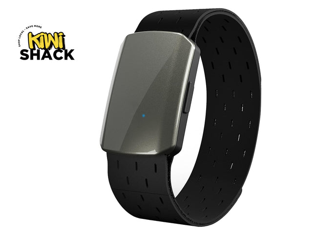 Black smartwatch with metallic band on a white background, featuring the Kiwi Shack logo.