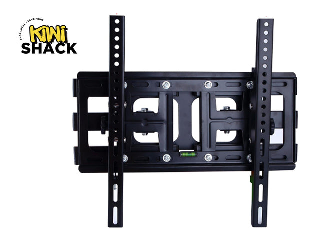 Black TV wall mount with Kiwi Shack logo on a white background