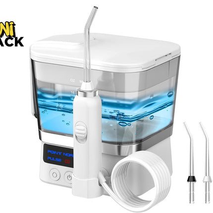 White and silver Kiwi Shack oral irrigator water flosser with a clear water tank filled with blue water, shown with two nozzle tips, a coiled white hose, and the Kiwi Shack logo in the top left corner.