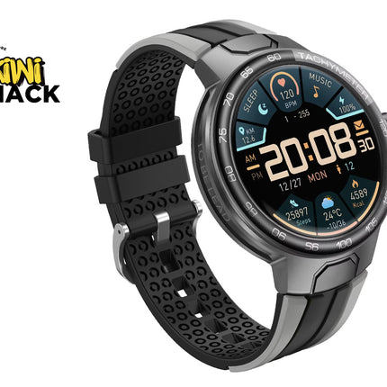 Smartwatch with a black band on a white background, featuring the Kiwi Shack logo.