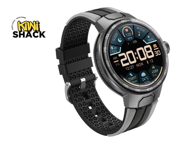 Smartwatch with a black band on a white background, featuring the Kiwi Shack logo.