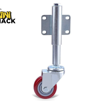 Metal spring-loaded roller with red wheel on a white background, branded 'Kiwi Shack'.