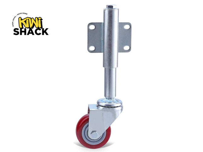 Metal spring-loaded roller with red wheel on a white background, branded 'Kiwi Shack'.