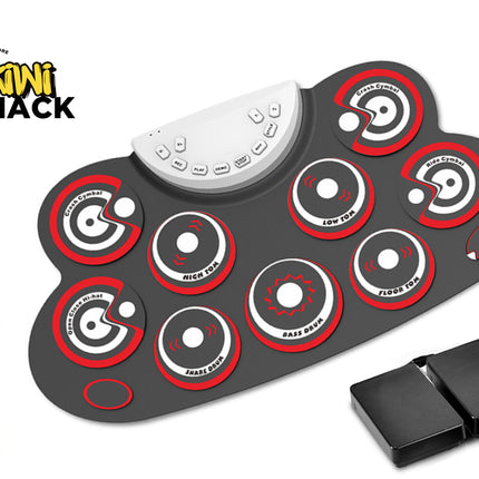 Electronic drum pad with red and white circles and wooden drumsticks on a white background, featuring the Kiwi Shack brand.