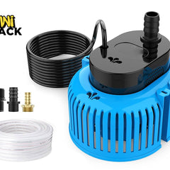 Blue submersible water pump with a slotted protective cage, black motor housing and vertical outlet nozzle, coiled black power cord, clear tubing roll, three interchangeable threaded/barbed nozzle adapters (black and brass), and the Kiwi Shack logo watermark.