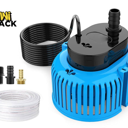 Blue submersible water pump with a slotted protective cage, black motor housing and vertical outlet nozzle, coiled black power cord, clear tubing roll, three interchangeable threaded/barbed nozzle adapters (black and brass), and the Kiwi Shack logo watermark.