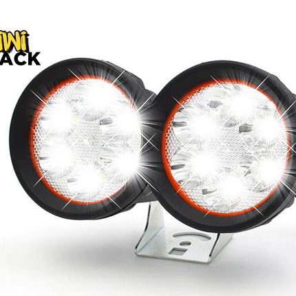 Two round LED lights with a Kiwi Shack logo in the corner.