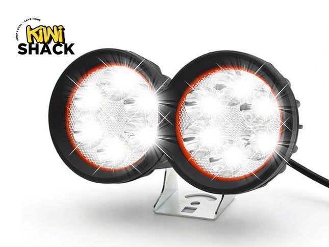 Two round LED lights with a Kiwi Shack logo in the corner.