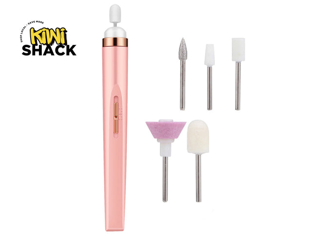 Pink nail drill with attachments on a white background, featuring the Kiwi Shack brand.
