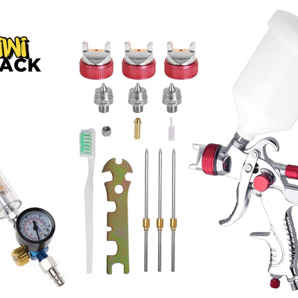 Kiwi Shack spray paint kit with a silver spray gun, white paint cup, air regulator, brush, metal tips, and red nozzles on a white background.