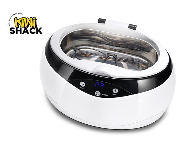 Ultrasonic cleaner with digital display on a white background, branded as Kiwi Shack.
