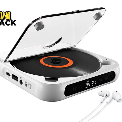Portable music player with a CD slot and digital display, featuring Kiwi Shack branding.