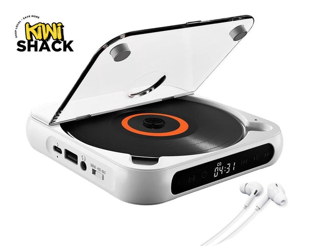 Portable music player with a CD slot and digital display, featuring Kiwi Shack branding.