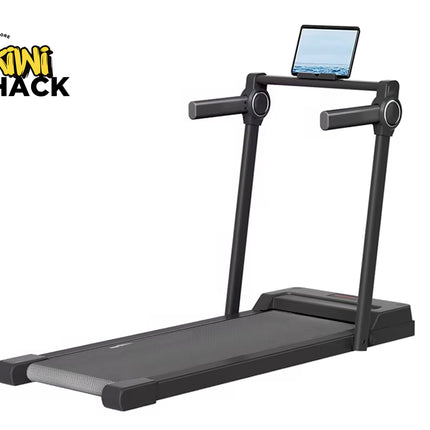 Treadmill with a tablet on top, branded as Kiwi Shack, on a white background