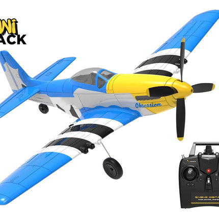 Blue and yellow toy airplane with a remote control on a white background, featuring the Kiwi Shack brand.