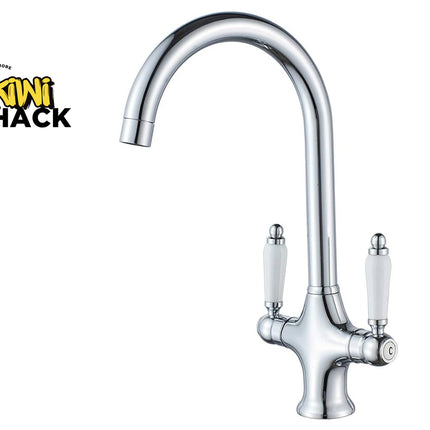 Chrome kitchen faucet with white handles on a white background, featuring the Kiwi Shack logo.