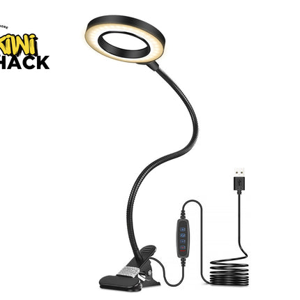 Black LED desk lamp with flexible arm and clip, featuring Kiwi Shack logo.