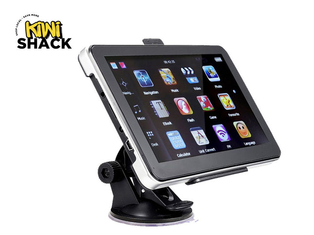 Tablet in a car mount with a white background and 'Kiwi Shack' logo.