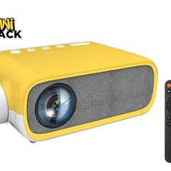 Yellow projector with remote control on a white background, featuring the Kiwi Shack brand.