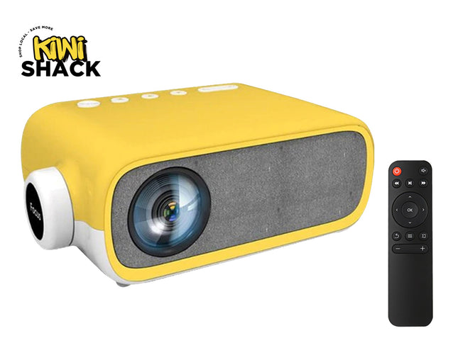 Yellow projector with remote control on a white background, featuring the Kiwi Shack brand.