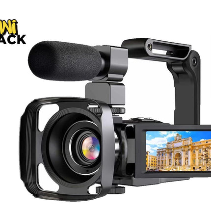 Professional video camera with microphone and remote control, featuring Kiwi Shack logo.