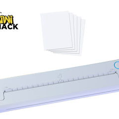 White paper cutter with a stack of white paper on a white background, featuring the Kiwi Shack logo.