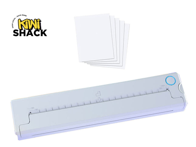 White paper cutter with a stack of white paper on a white background, featuring the Kiwi Shack logo.