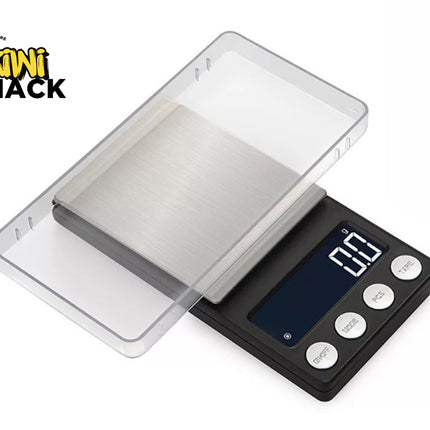 Digital pocket scale with transparent lid on a white background, featuring the Kiwi Shack logo.