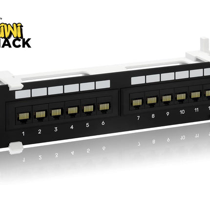 Kiwi Shack 12-port Cat6 wall mount and desktop network patch panel with numbered RJ45 Ethernet jacks.