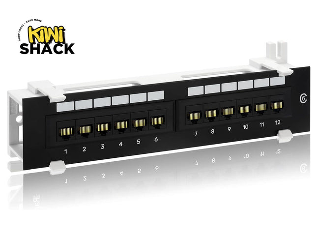 Kiwi Shack 12-port Cat6 wall mount and desktop network patch panel with numbered RJ45 Ethernet jacks.
