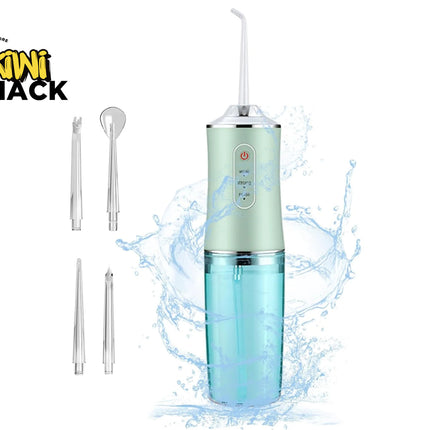 Portable water flosser with three nozzles on a white background, featuring the Kiwi Shack brand.