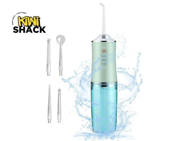 Portable water flosser with three nozzles on a white background, featuring the Kiwi Shack brand.