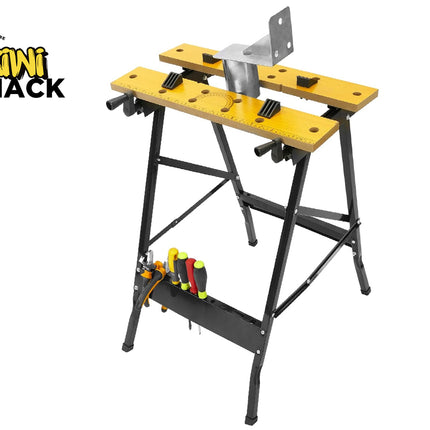 Yellow workbench with metal components on a white background, featuring the Kiwi Shack logo.
