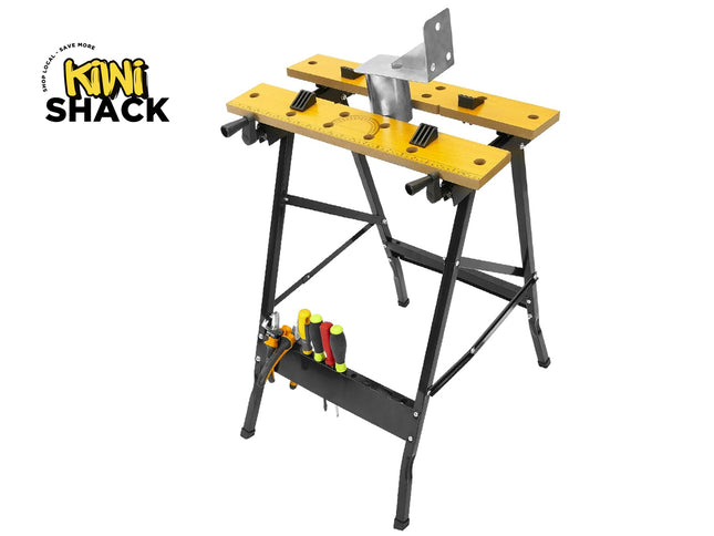 Yellow workbench with metal components on a white background, featuring the Kiwi Shack logo.