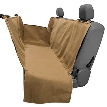 Brown car seat cover on a gray car seat with a white background
