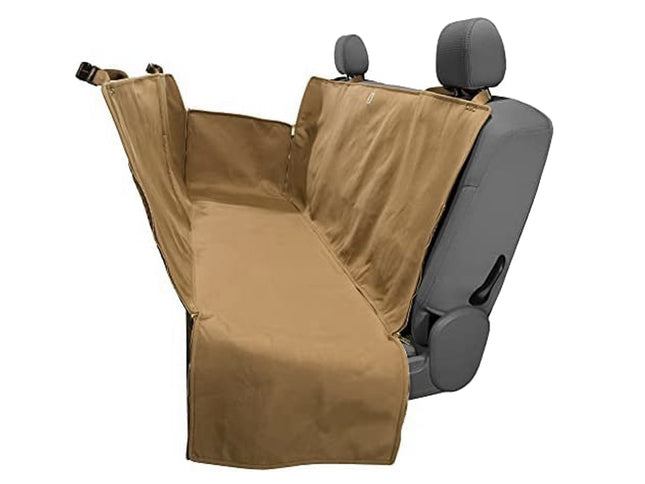 Brown car seat cover on a gray car seat with a white background