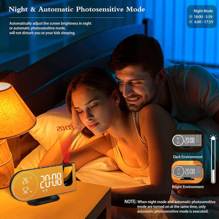 6 in 1 Digital Alarm Clock with 180° Projector FM Radio USB Charger Temperature Humidity Monitor Dual Alarm 7 Inch LED Display