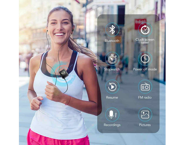A woman jogging outdoors wearing a small black wireless heart rate monitor under her chest, with earphones. A semi-transparent digital overlay on the right shows app-style icons for Bluetooth, clock screen saver, stopwatch, power off mode, resume, FM radio, recordings, pictures, and a heart symbol.