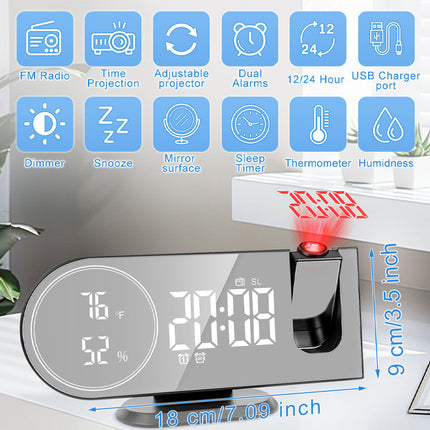 6 in 1 Digital Alarm Clock with 180° Projector FM Radio USB Charger Temperature Humidity Monitor Dual Alarm 7 Inch LED Display